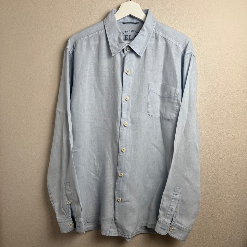Tommy‎ Bahama Relax Linen Button Down Shirt Large Regular Light Blue Long Sleeve